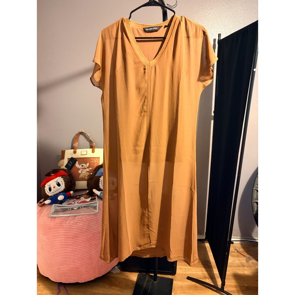 Colleen Lopez Brown Sheer Dress with Built in Slip, Slit in Front, Sz XS